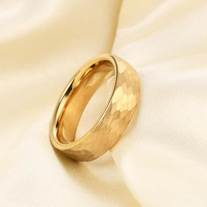 VQYSKO Hammered Tungsten Carbide Wedding Band Ring for Men Women - color: Gold 6mm