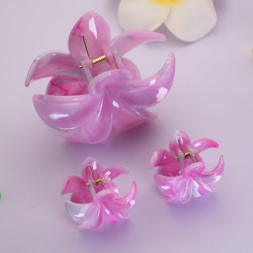 Flower Hair Clips for Women Girls Claw Clips Light Rose Pink Plumeria with Marble Design Barrettes Summer Hair Clip Fashion Hair Styling Accessories for Thick Thin Hair(3Pcs: 1 Large 2Small) - color: Light Rose-Pink