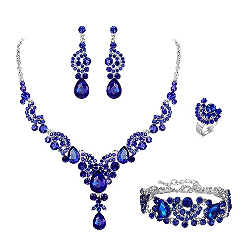EVER FAITH Rhinestone Crystal Bridal Floral Wave Teardrop Necklace Earrings Set - color: 4pcs_Royal Blue