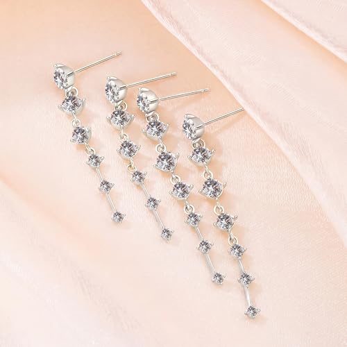 2 Pairs Long Diamond Dangle Tassel Earrings for Women | 14K Gold Silver Plated, Dainty Diamond Crystal Drop Earring, Small Cz Statement Dangly, for Wedding Bridesmaid, Jewelry Gifts - color: 2 Pairs Silver