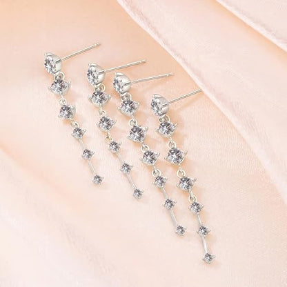 2 Pairs Long Diamond Dangle Tassel Earrings for Women | 14K Gold Silver Plated, Dainty Diamond Crystal Drop Earring, Small Cz Statement Dangly, for Wedding Bridesmaid, Jewelry Gifts - color: 2 Pairs Silver
