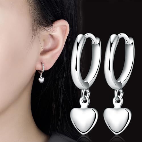 Charming Sterling Silver Heart Dangle Hoop Earrings - White Gold Plated, Huggie Style, Gift for Women