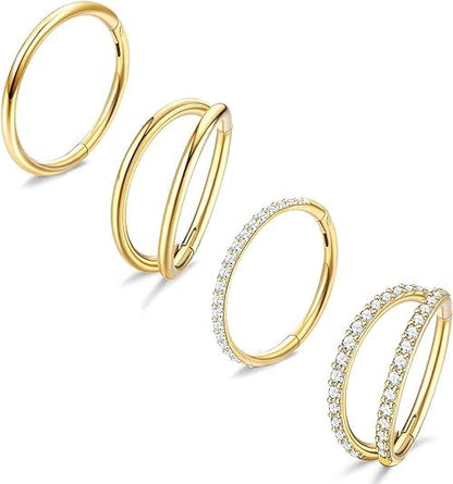 Dochais 4PCS 18G Nose Rings Hoops, Surgical Steel Earrings Tragus Septum Piercing CZ Clicker Ring, Hinged Segment Conch Lip Cartilage Double Hoops 8mm 10mm for Women Men - color: Gold, size: 16G(1.2mm),10mm