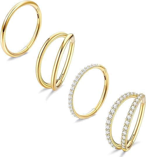 Dochais 4PCS 18G Nose Rings Hoops, Surgical Steel Earrings Tragus Septum Piercing CZ Clicker Ring, Hinged Segment Conch Lip Cartilage Double Hoops 8mm 10mm for Women Men - color: Gold, size: 16G(1.2mm),10mm