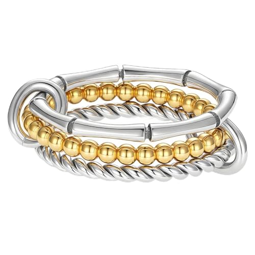 Stackable Rings for Women Non Tarnish Gold Silver Mixed Metal Wedding Band Set Gold Plated Stainless Steel with Cubic Zirconia Dainty Statement Thumb Ring Gift for Christmas Birthday Anniversary Jewelry - style: Silver Triple Band Ring