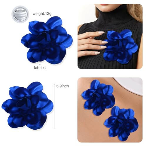 2Pack 6inch Extra Large Satin Brooches Lapel Pins Dainty Elegant Fabric Camellia Rose Flower Brooch Pin for Women Wedding Part Dance Clothes Accessories Jewelry - color: Royalblue