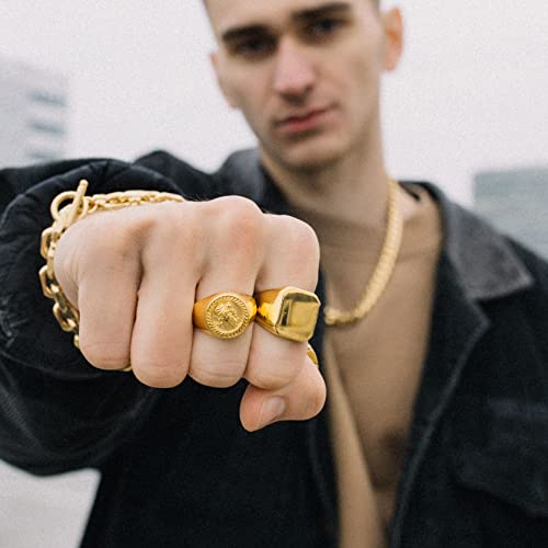 GoldChic Jewelry Personalized Signet Rings Men Women, Stainless Steel Custom Photo Bold Square/Oval Monogram/Old English Initial Pinky Stacking Statement Ring in Black/Silver/Gold (Size 7-14) - color: Gold-Blank - Square