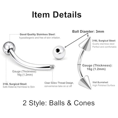 Bulk 20pc 16G Surgical Steel Curved Barbell 6mm-14mm Eyebrow Bar Ball Cone Ring Ear Piercing Jewelry Set - color: Shape: Ball & Cone, size: Bar Length: 14mm