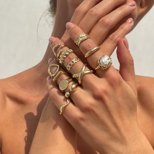 Chunky Gold Gemstone Ring Set for Women Adjustable Stackable Statement Rings Punk Geometric Turquoise Minimalist Jewelry - style: style A