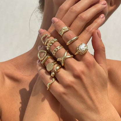 Chunky Gold Gemstone Ring Set for Women Adjustable Stackable Statement Rings Punk Geometric Turquoise Minimalist Jewelry - style: style A