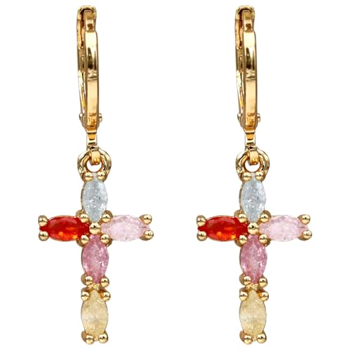 18K Gold Plated Flower Dangle Earrings for Women, Hypoallergenic Cubic Zirconia Earrings, Elegant CZ Drop Earrings, Statement Jewelry Gifts Party Fashion - style: OBS7525-Cross