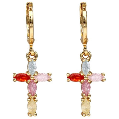 18K Gold Plated Flower Dangle Earrings for Women, Hypoallergenic Cubic Zirconia Earrings, Elegant CZ Drop Earrings, Statement Jewelry Gifts Party Fashion - style: OBS7525-Cross