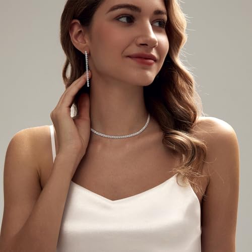 Luxval Tennis Necklace Set for Women Tennis Bracelets Diamond Earrings Sterling Silver Necklace Wedding Jewelry for Bride Silver Jewelry Sets for Women Gift - color: Silver-Linear tennis set