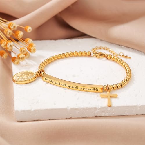 DS Inspirational Bracelet for Women Christian Engraved Bibler Verse Cross Butterfly Daisies Charm Bracelet, Exquisite Stainless Steel Jewelry Daughter Best Friend Bestie - style: For with God nothing shall be impossible - Luke 1:37-Gold