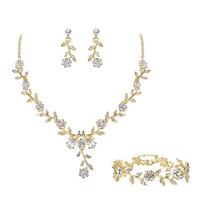 Women's Wedding Jewelry Set for Bride,Prom Bridal Accessories | Bling Crystal,Flower Leaf Cluster,Dangle Earrings Pendant Necklace Set,for Bridesmaid,Party Jewellery - color: 3Pcs-Clear Gold-Plated-Base