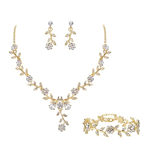Women's Wedding Jewelry Set for Bride,Prom Bridal Accessories | Bling Crystal,Flower Leaf Cluster,Dangle Earrings Pendant Necklace Set,for Bridesmaid,Party Jewellery - color: 3Pcs-Clear Gold-Plated-Base