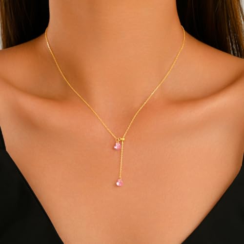 925 Sterling Silver Dainty Cubic Zirconia Lariat Heart Necklace for Women | 14k Gold Plated Cute Pink Crystal Love Heart Pendant Necklaces Adjustable Diamond Y Shaped Drop Chain Necklace Jewelry Gift - color: Gold