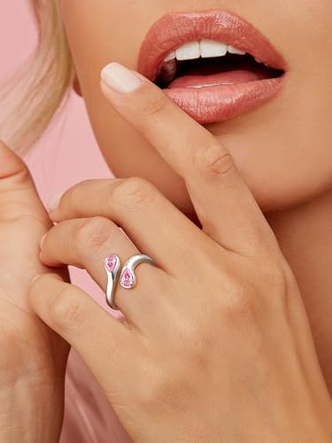 Bestyle Silver Birthstone Ring for Women, Dainty Sterling Silver Teardrop Ring Open Adjustable Band Ring, Love Statement TOI et Moi Ring Promise Ring for Her - color: 10.October (Pink Tourmaline)