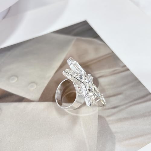 Exaggerated Large Star Rhinestone Statement Ring for Women Luxury Thick Chunky Big Crystal Stone Finger Knuckle Band Wrap Open Adjustable Rings Silver Oversized Fashion Wedding Cocktail Prom Party Jewelry Gift