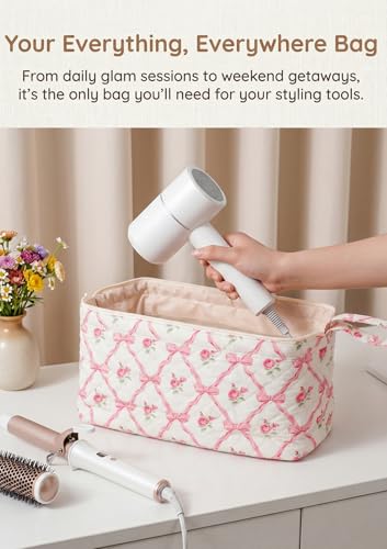 TeeYee Nylon Hair Tools Travel Bag for Dyson Airwrap Quilted Toiletry Bag | Travel Storage Bag for Shark Flexstyle/Curling Iron,Water-repellent,Wide-open,Well-structured,Heat-safe lining,pinkbow-boho - color: Pinkbow-boho