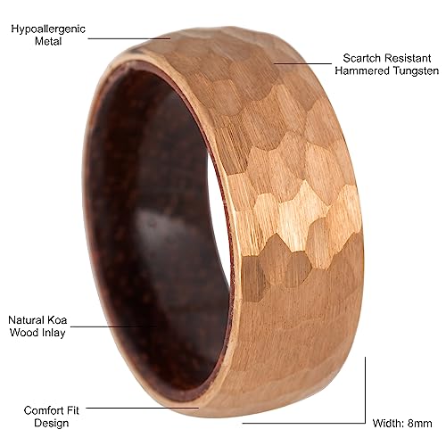 8mm Tungsten Carbide Genuine Natural Koa Wood Inner Inlay Ring Black/Gold/Silver/Rose Gold Wedding Band Hammered Textured Flat Style Comfort Fit Gift Box Included - color: Hammered Rose Gold Tungsten