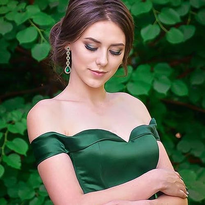 EleQueen Women's Wedding Crystal Teardrop Pear Shape 3 Inch Clip on Long Dangle Earrings for Bride Bridesmaid, Jewelry for Party Prom/Anniversary - color: Green Gold-Tone