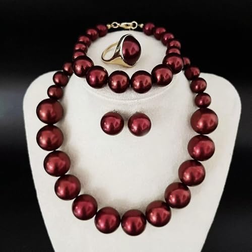 Chunky Beaded Jewelry Set, Necklace Earrings Bracelet Ring for Women Party | Simulated pearl jewelry set, necklace earrings bracelet & ring. Elegant chunky beaded, ideal gift for wedding and daily wear. - color: Dark Red