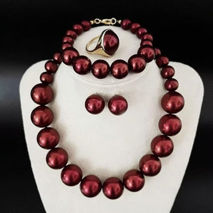 Chunky Beaded Jewelry Set, Necklace Earrings Bracelet Ring for Women Party | Simulated pearl jewelry set, necklace earrings bracelet & ring. Elegant chunky beaded, ideal gift for wedding and daily wear. - color: Dark Red