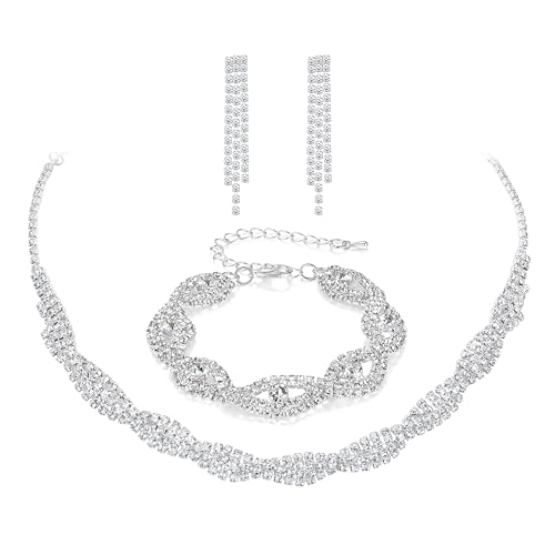 3PCS Silver Wedding Jewelry Set for Women Brides Rhinestone Necklace Earrings Bracelet Bridal Wedding Jewelry Sets for Bridesmaid Prom Costume Accessories Jewelry - color: 3#