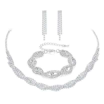 3PCS Silver Wedding Jewelry Set for Women Brides Rhinestone Necklace Earrings Bracelet Bridal Wedding Jewelry Sets for Bridesmaid Prom Costume Accessories Jewelry - color: 3#