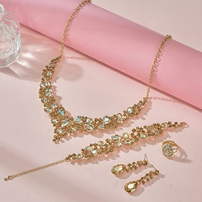 Paxuan Crystal Bridal Wedding Jewelry Sets for Women Rhinestone Teardrop Crystal Statement Choker Necklace Drop Earrings Link Bracelets Rings Teardrop Jewelry Set for Brides Bridesmaids - color: Champagne