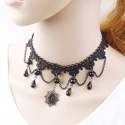Halloween Women Lady Goth Punk Necklace Lace Collar Choker Wedding Jewelry | Dumcondy Black Steampunk Elegant Sexy Statement Retro Victorian Cosplay Night Club Party Princess Neck Chain (5 Pieces/Set)