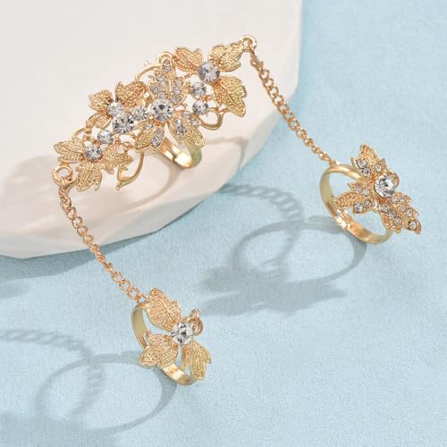 Rhinestone Finger Ring for Women Sparkly Crystal Butterfly Flower Leaf Adjustable Statement Chain Rings Punk Jewelry - color: gold flower