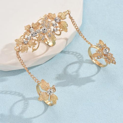 Rhinestone Finger Ring for Women Sparkly Crystal Butterfly Flower Leaf Adjustable Statement Chain Rings Punk Jewelry - color: gold flower