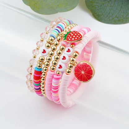 Summer Surfer Heishi Bracelet Set for Women Stackable Gold Plated Clay Ploymer Bead Stretch Pink Beach Layering Bracelets Jewelry - color: A-Pink Grapefruit Set