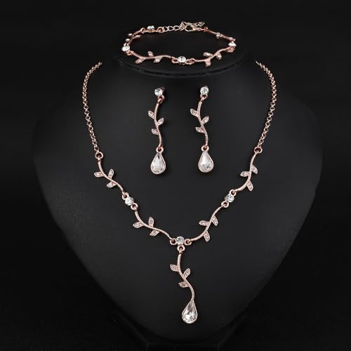 Hapibuy Crystal Bridal Wedding Jewelry Necklace Earrings Bracelet Set Rhinestone Choker Necklace For Brides Bridesmaid Women Party Acessory - color: Rose Gold