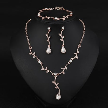 Hapibuy Crystal Bridal Wedding Jewelry Necklace Earrings Bracelet Set Rhinestone Choker Necklace For Brides Bridesmaid Women Party Acessory - color: Rose Gold