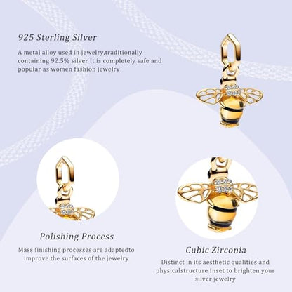 14K Gold Plated Silver Charms for Pandora, Women Heart Family Love Pet Animal Bead Dangle for Bracelets Necklace Jewelry Gift - color: B-Golden- Sparkling Bee