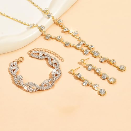 Prom Earrings Necklace Bracelet Set Elegant Crystal Rhinestone Necklace Earrings Bracelet Bridal Wedding Prom Dresses Costume Outfit Gold Jewelry Sets for Women - color: Gold B