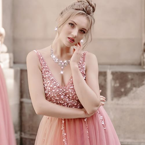 Hicarer Bridal Teardrop Cluster Crystal Jewelry Set for Women Necklace Earrings Wedding - color: Pink