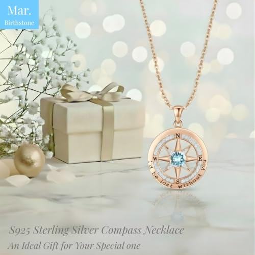 Compass Necklace for Women Wife Girlfriend Mom Daughter Gifts | S925 Silver Jewelry For Anniversary 18K Rose Gold Gifts For Birthday Christmas Mothers Valentines Day 12 Birthstones - style: 03-March-Rose Gold