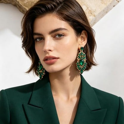 Rhinestone Drop Earrings for Women Chunky Gold Crystal Teardrop Earrings Statement Wedding Party Prom Bridal Jewelry - color: Green