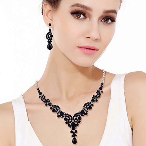 EVER FAITH Rhinestone Crystal Bridal Floral Wave Teardrop Necklace Earrings Set - color: 2pcs_Black
