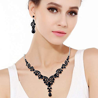 EVER FAITH Rhinestone Crystal Bridal Floral Wave Teardrop Necklace Earrings Set - color: 2pcs_Black