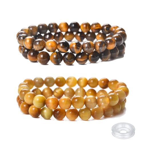 Crystal Beaded Bracelets Set, 4 Piece Gemstone Stretch Bracelets, Rose Quartz, Agate,Jasper, Tiger Eye and Multicolor Glass Beads with String - style: Type 7(Yellow Tiger+Golden Tiger)