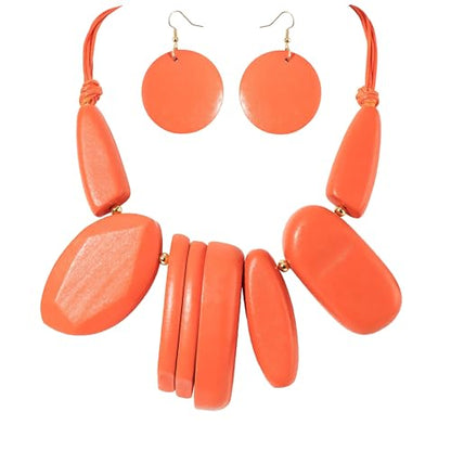 Coiris Chunky Statement Necklace and Earring Sets for Women Boho Wooden Necklaces Earrings Jewelry Set for Women - color: Orange