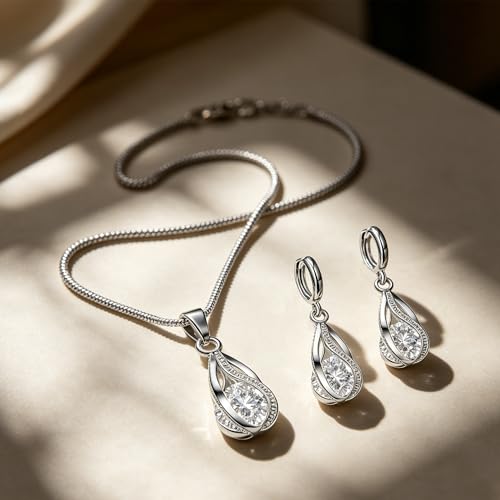 Crystal Jewelry AlloyTeardrop Pendant Necklace Drop Earrings Set Elegant Sapphire Color Jewelry for Women - color: White
