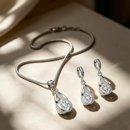 Crystal Jewelry AlloyTeardrop Pendant Necklace Drop Earrings Set Elegant Sapphire Color Jewelry for Women - color: White