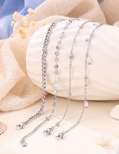 Subiceto Ankle Bracelets for Women Waterproof - 14K Gold Plated Non Tarnish Anklets Set Dainty Stainless Steel Stackable Layered for Beach Summer Jewelry Adjustable - color: 4Pcs Pearl-Silver