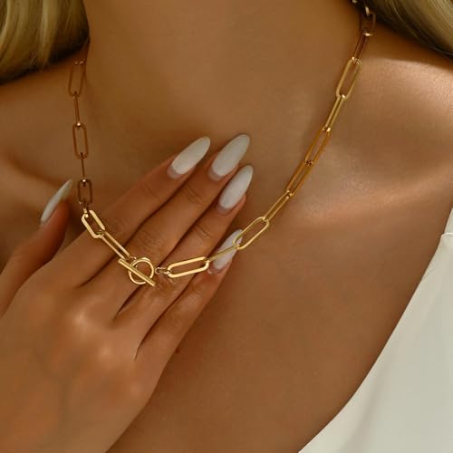 18K Gold Plated Chunky Chain Necklace for Women Dainty Cuban Paperclip Chain Toggle Bar Clasp Necklace Thick Trendy Layering Gold Chain Link Stainless Steel Jewelry - style: Toggle Paperclip-Gold